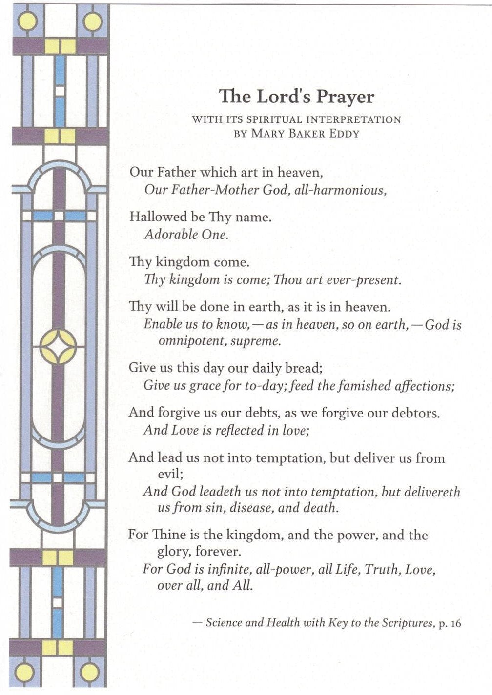 The Lord's Prayer (with its spiritual interpretation by Mary Baker Eddy) - card
